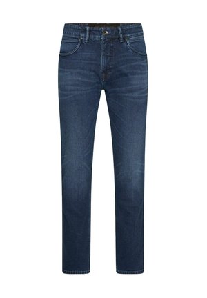 Dunkelblaue Jeans aus Denim mit geradem Schnitt, fünf Taschen und Knopfverschluss. Verfügt über dezente Verfärbungen auf der Vorderseite für mehr Textur.