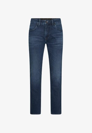 Dunkelblaue Jeans aus Denim mit geradem Schnitt, fünf Taschen und Knopfverschluss. Verfügt über dezente Verfärbungen auf der Vorderseite für mehr Textur.