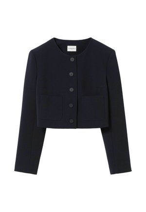 Veste courte bleu marine avec encolure ronde, cinq boutons à l'avant, manches longues et deux poches plaquées à l'avant.