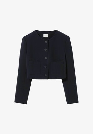 Veste courte bleu marine avec encolure ronde, cinq boutons à l'avant, manches longues et deux poches plaquées à l'avant.