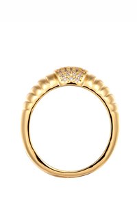 Guld ring med en ribbet ring, der har en klynge af små indlagte sten på toppen, glat overflade og poleret finish.