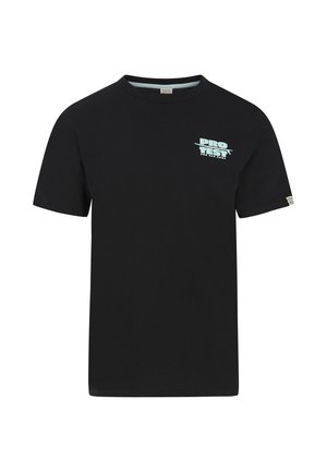 T-shirt en coton noir à manches courtes, col rond, avec un logo "PRO TEST" en bleu clair sur le devant. Pas de motifs ni de détails supplémentaires.