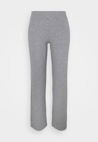 Šedé, lehké, elastické kalhoty s hladkou texturou, rovnými nohavicemi a vysokým pasem, vhodné pro běžné nošení nebo odpočinek.