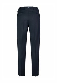 Dunkelblaue Hose mit geradem Bein, glatter Textur, doppelten Gesäßtaschen und dezentem vertikalen Streifenmuster.