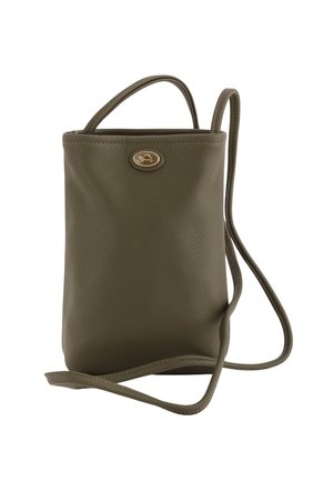 Sac à main en vinyle texturé vert olive avec une finition lisse, mettant en avant un accent logo doré et deux fines bandoulières.