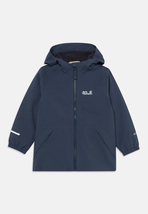 Navy blue waterproof jacket made of flexible material, featuring a front zipper, adjustable hood, and two side pockets. White logo on chest.