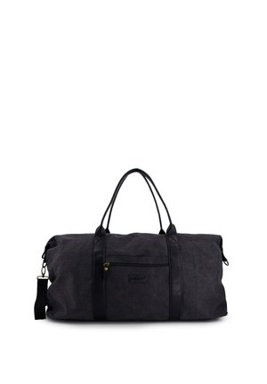 Zwarte canvas duffelbag met leren handvatten, een voorvak met rits en een afneembare schouderriem, getoond tegen een witte achtergrond.