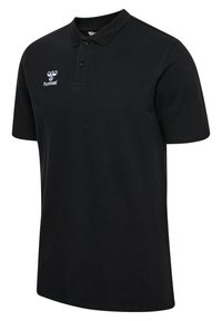 Zwarte poloshirt van textuurstof, met een klassieke kraag, drie-knopen sluiting en wit Hummel-logo op de borst.