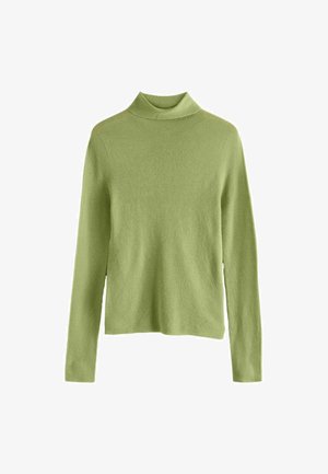 Pulover verde cu guler înalt, fabricat dintr-un material texturat și moale. Dispune de mâneci lungi și o croială lejeră, cu cusături minime pentru un design uniform.