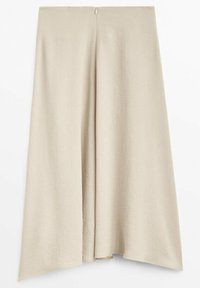 Beige linnen rok met een vloeiende silhouette, voorzien van een achterrits en gestructureerde taille, gladde textuur en minimalistisch ontwerp.