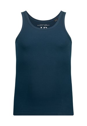 Navyblaues, geripptes Tanktop mit rundem Ausschnitt und breiten Trägern, das eine glatte Textur und eine figurbetonte Passform aufweist.
