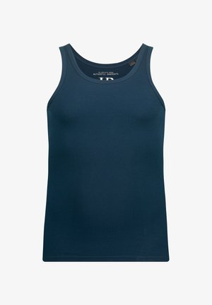 Navyblaues, geripptes Tanktop mit rundem Ausschnitt und breiten Trägern, das eine glatte Textur und eine figurbetonte Passform aufweist.