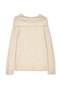 Maglione crema off-the-shoulder con texture a treccia, maniche lunghe e polsini a coste. Presenta un ampio colletto piegato per un ulteriore dettaglio di design.