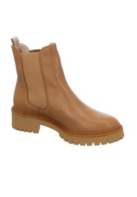 Tan leather ankle boot with elastic side panels, textured rubber sole, and contrast stitching on the upper edge.
