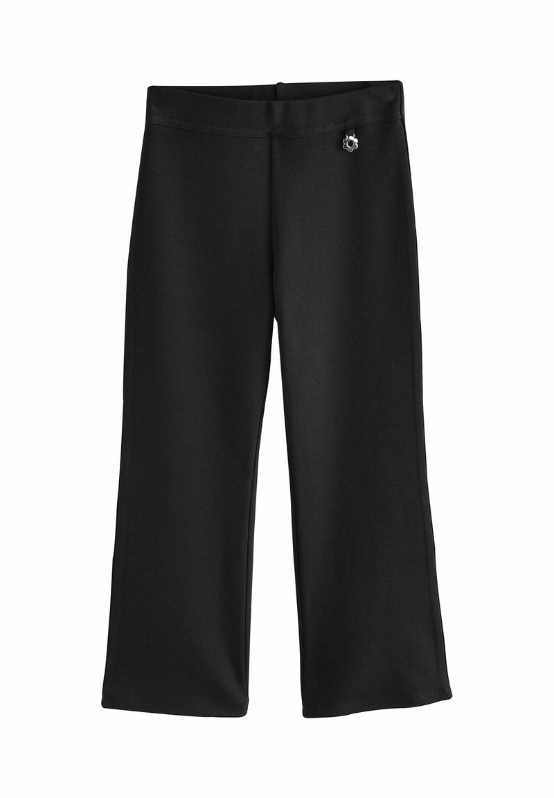 Juodos spalvos trumpintos kelnės su lygiu paviršiumi, elastiniu juosmeniu ir dekoratyviu sidabriniu gėlių papuošimu priekyje.