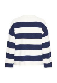 Suéter de rayas azul marino y blanco con un ajuste relajado, mangas largas y cuello redondo. Textura de punto suave, dobladillo recto.