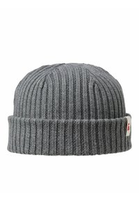 Szary dziany beret z prążkowaną strukturą, zagiętym brzegiem i małą metką z logo z boku. Wykonany z miękkiego i ciepłego materiału.