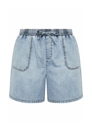 Hellblaue Jeansshorts mit elastischem Bund, Zugband, großen Fronttaschen und sichtbaren Nähten.