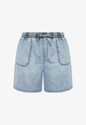 Lichtblauwe denim shorts met elastische tailleband, trekkoord, grote voorzakken en zichtbare stiksels.