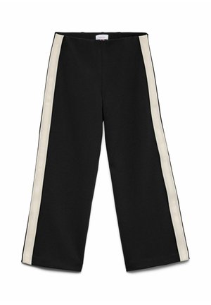 Black wide-leg pants with cream side stripes and a high waist, laid flat on a white background.
