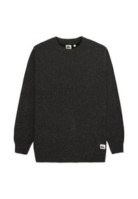 Dunkelgrauer Pullover mit Rundhalsausschnitt, strukturiertem Strickmuster und Farbsprenkeln. Besitzt ein kleines Logopatch am Saum.