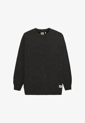 Maglione grigio scuro con collo rotondo, motivo a maglia testurizzato e tracce di colore in tutta la sua superficie. Presenta una piccola etichetta con logo all'orlo.