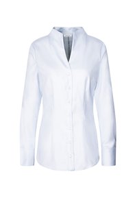 Camicia a maniche lunghe di colore blu chiaro, realizzata in tessuto liscio, con collo a camicia e chiusura anteriore con sette bottoni.