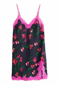 Bloemen slipdress met een donkere achtergrond, levendige roze orchideeënpatronen en roze kantafwerking met verstelbare spaghettibandjes.