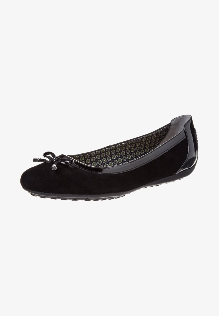 Ballerine noire avec devant en daim, bordure en cuir verni, petit nœud sur le bout et doublure intérieure à motif.