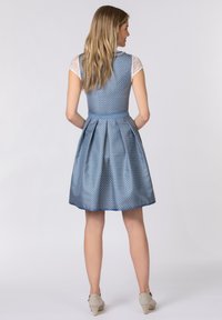 Blue dress with a textured pattern, pleated skirt, fitted bodice, and lace cap sleeves. Features a waist belt and a smooth fabric finish.