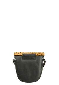 Black leather bag with a rounded shape, featuring a yellow spotted fabric trim. Includes a back pocket and a detachable strap.