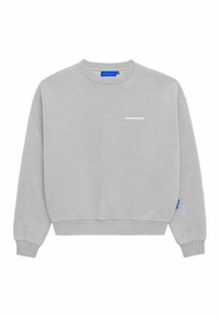 Pelēks džemperis ar ribotiem apkakles un piedurknēm, ar mazu baltu "AIZLIEGTS" teksta logotipu priekšā. Gluda, mīksta tekstūra.