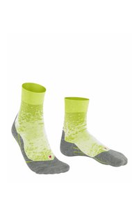 Helle grüne und graue Knöchelsocken mit einem strukturierten Muster, nahtlosem Design und verstärkten Zehen- und Fersenbereichen für Langlebigkeit.