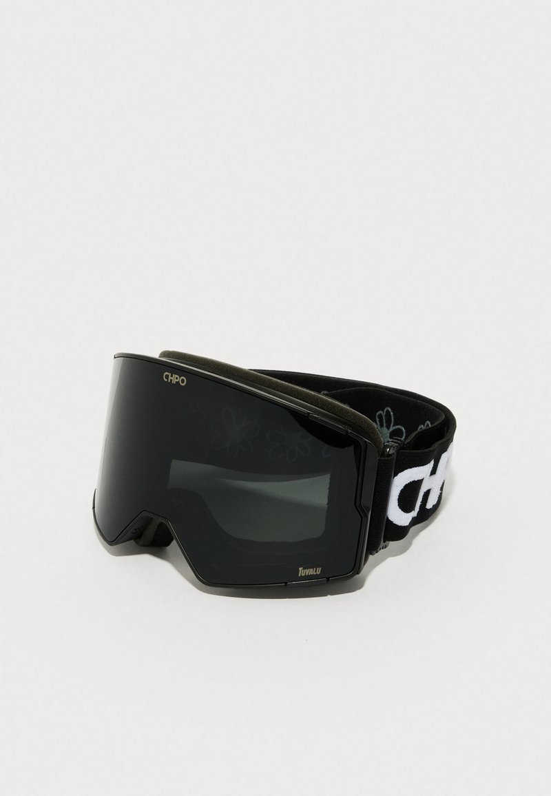 Gafas de esquí negras con una lente amplia y curva, acolchado verde suave y una correa elástica blanca que lleva el nombre de la marca "CHPO."