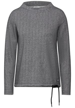 Grau gestrickter Pullover mit Fischgratmuster, Rundhalsausschnitt, langen Ärmeln und einem verstellbaren Kordelzug am Saum. Weiche Textur.