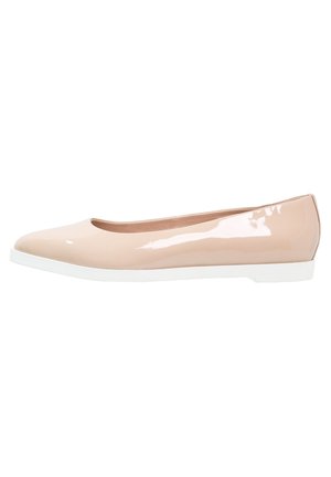 Nude patent leather ballet flats with a pointed toe, white rubber sole, and smooth texture. No visible patterns or accents.