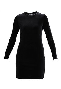 Schwarzes Samtlangarmkleid mit hohem Kragen und taillierter Passform, das sich durch eine glatte Textur und ein minimalistisches Design auszeichnet. Keine sichtbaren Beschläge oder Akzente.