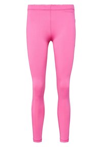 Leggings ajustés en rose vif, fabriqués à partir de matériau extensible, avec une texture lisse et une taille élastique pour le confort.
