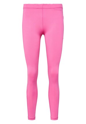 Leggings ajustés en rose vif, fabriqués à partir de matériau extensible, avec une texture lisse et une taille élastique pour le confort.