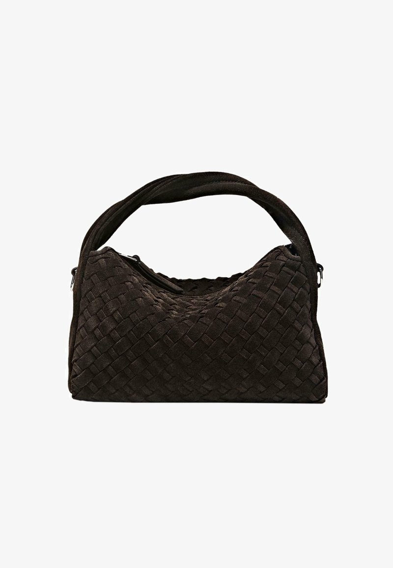 Black woven handbag with a rounded silhouette, soft suede material, dual handles, and a zip closure. Features textured pattern and smooth accents.