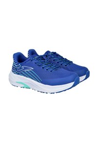 Zapatillas deportivas azules con parte superior de malla, detalles en azul verdoso, superficie texturizada y una entresuela blanca, con suela antideslizante para mayor tracción.