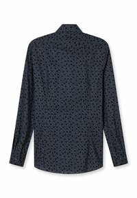 Long-sleeve shirt featuring a dark blue floral pattern on a soft fabric, tailored collar, and buttoned cuffs. Back view shown.