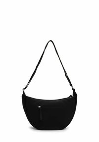 Czarna torebka na ramię o zaokrąglonym kształcie, wykonana z gładkiej tkaniny. Posiada przednią kieszeń na suwak oraz regulowany pasek. Minimalistyczny design.