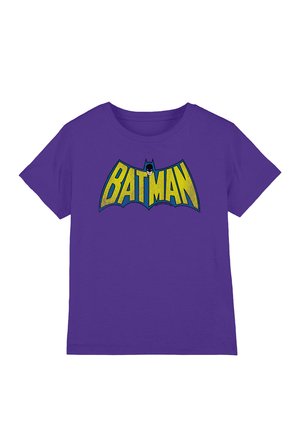 Purple short-sleeve shirt with yellow and blue Batman logo featuring Batman’s head above the text centered on the chest.
