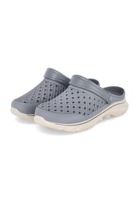 Gray molded clogs with a textured grid design, curved edges, and a contrasting white sole. Open back for easy wear and airflow.