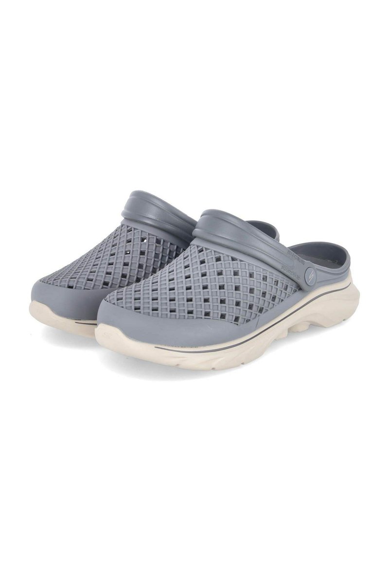 Gray molded clogs with a textured grid design, curved edges, and a contrasting white sole. Open back for easy wear and airflow.