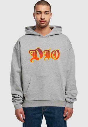 Gray hooded sweatshirt with a front pocket, featuring bold yellow and orange "DIO" text in a decorative font. Soft fabric, relaxed fit.