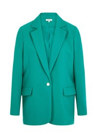 Blazer en tono verde azulado fabricado con una tela estructurada, que presenta solapas de pico, dos bolsillos frontales y un cierre con un solo botón dorado.