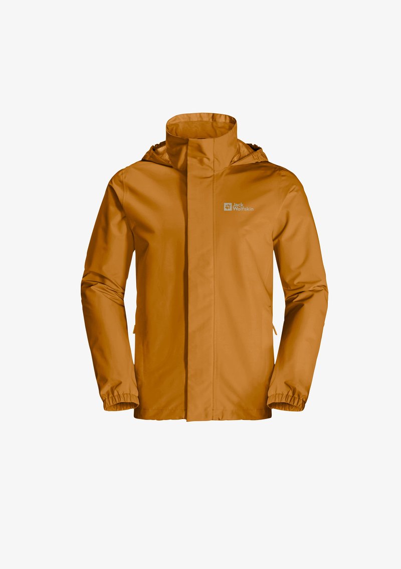 Waterdichte oranje jas met hoge kraag en verstelbare capuchon. Voorzien van elastische boorden en een logo op de linkerbovenkant.