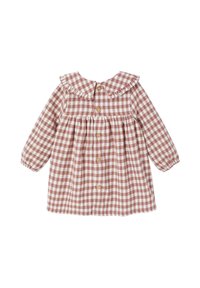 Braunes und weißes Gingham-Kleid mit einem rüschierten Kragen, langen Ärmeln und einer Knopfleiste. Hergestellt aus weicher Baumwolle, mit einer gerafften Taille.